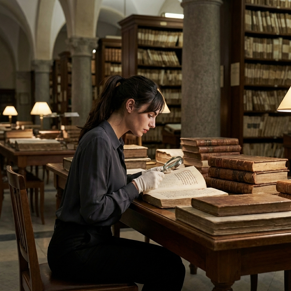 Human researcher using a magnifying glass to read a very old parish book in an archive