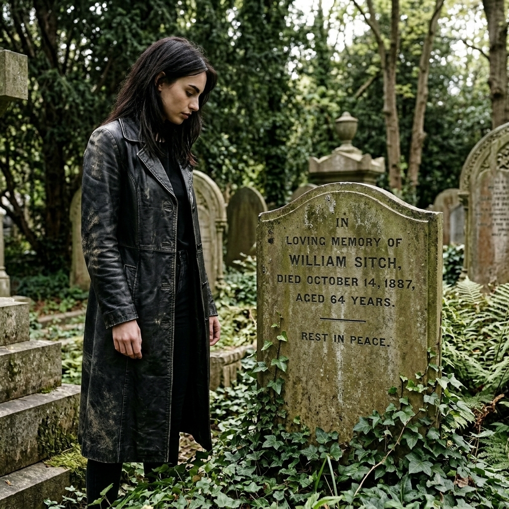 Cindy looking sadly at the moss-covered grave of William Sitch, 1887