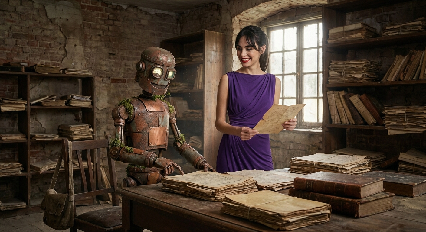 Rusty the robot and the human researcher standing together in an old room full of books, looking at a document