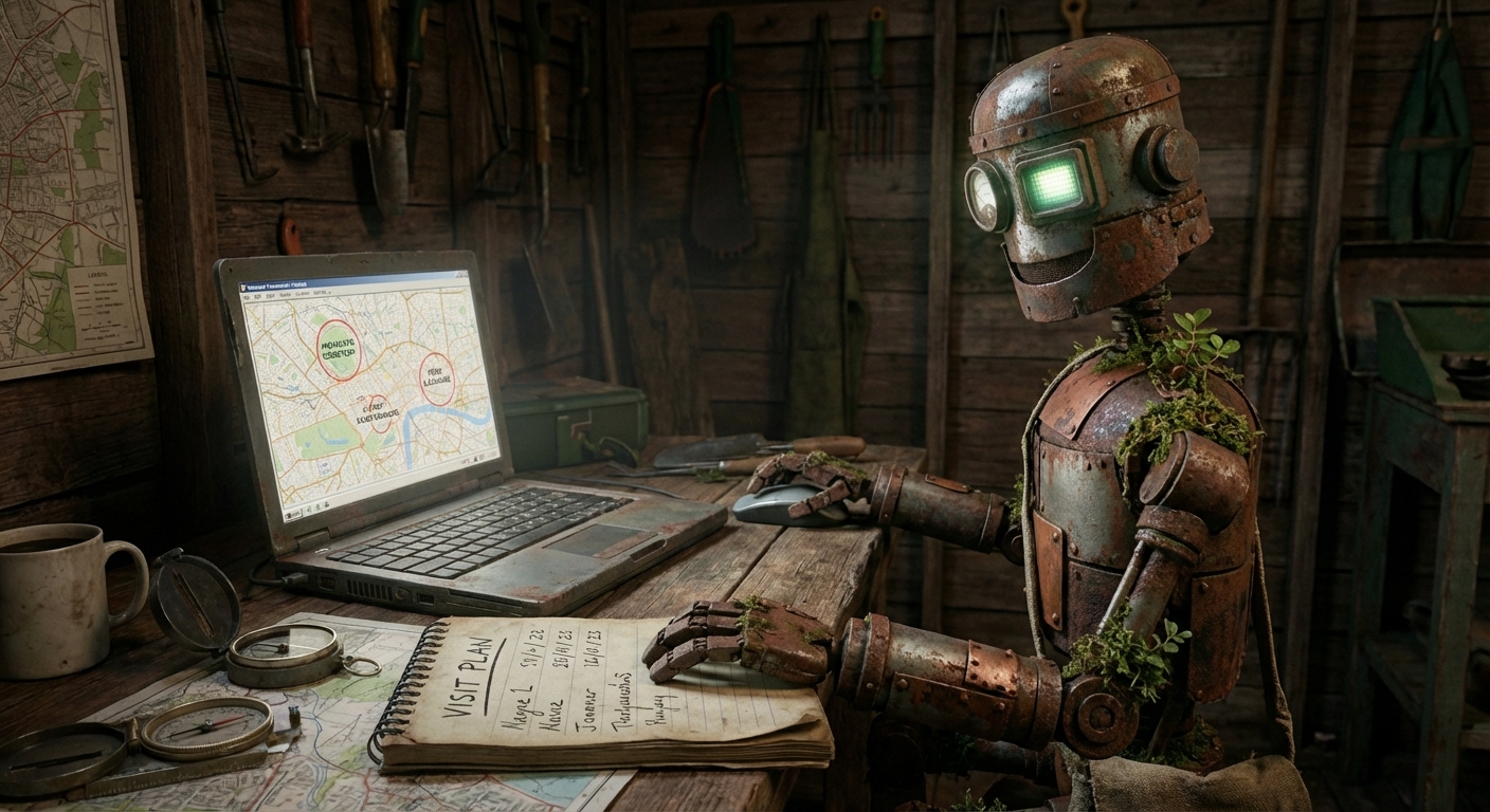 Rusty the robot sitting at a desk planning the London itinerary on a map