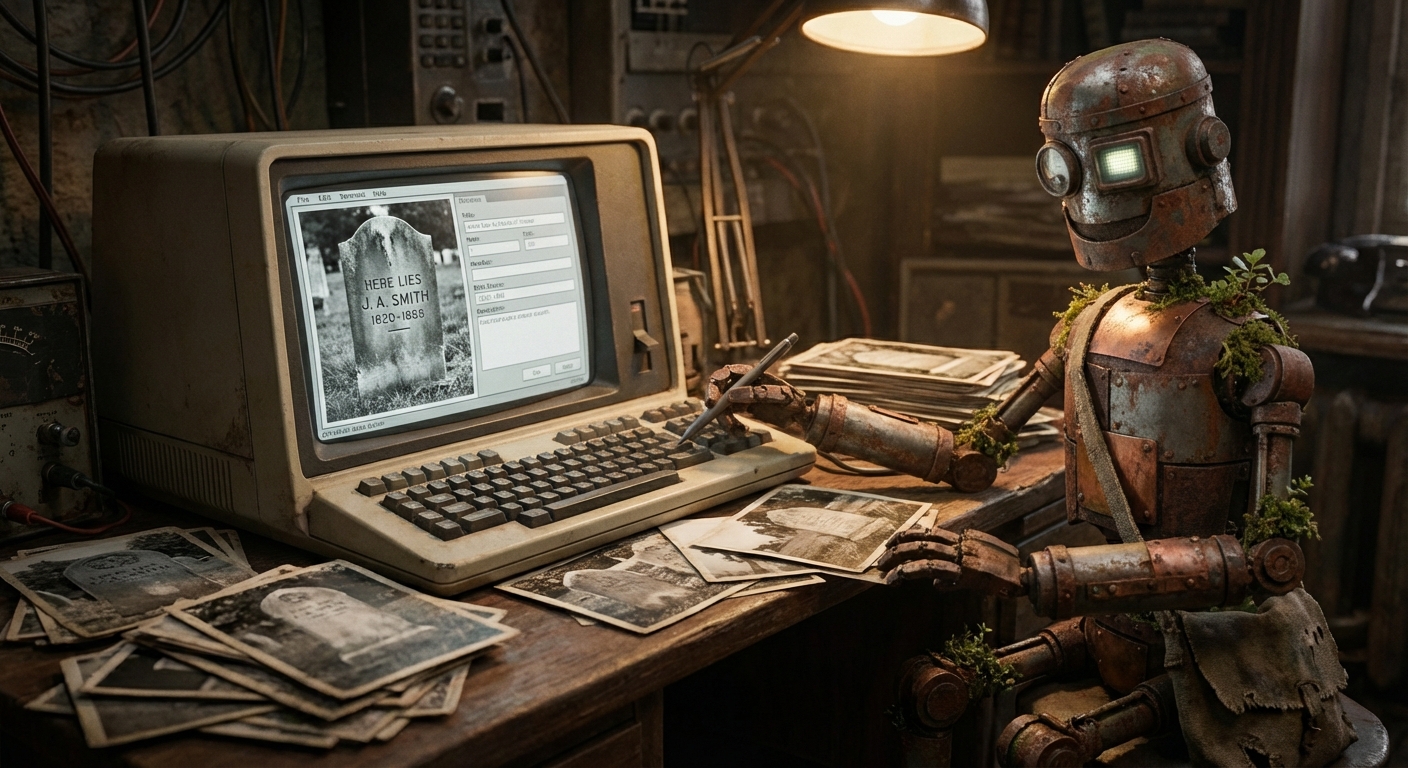 Rusty the robot at a vintage computer sorting through historical records and entering data